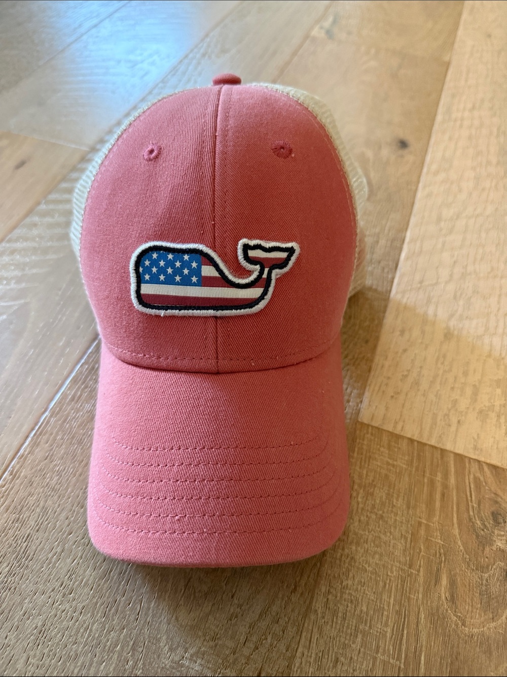 Vineyard Vines Coral Pink Trucker Hat with Flag Whale Patch